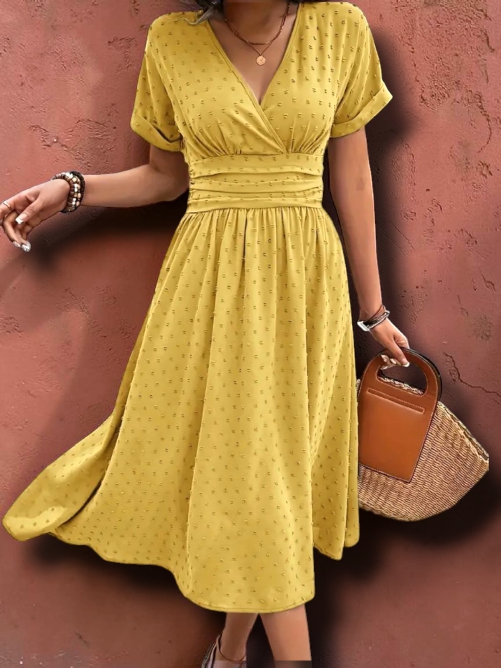 ☀️Figure Flattering For All Body Types ! Yellow V-Neck Smocked- Waist Midi Dress
